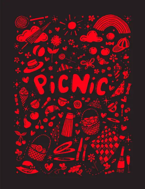 Vector illustration of picnic vector illustration in neon red color on black background