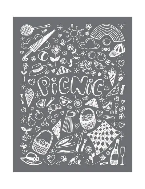 Vector illustration of Picnic linear vector illustration on grey background