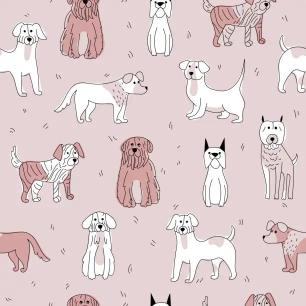 Vector illustration of Hand-drawn simple pattern with cute dogs. Children's texture with dogs. Dogs print. Pets background.