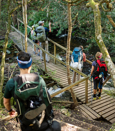 Rear view of friends wearing outdoor gear and carrying backpacks walking on a bridge over a river during a wilderness hike