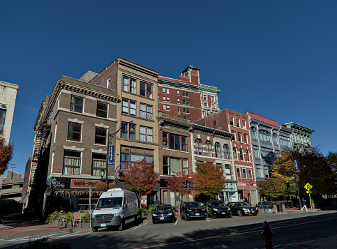 Binghamton, NY - Oct 23, 2023: View of downtown Binghamton buildings including the Press Building in the daytime.