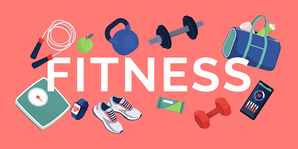 Word fitness surrounded by training equipment, healthy food and devices: exercise and workout concept