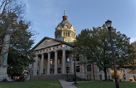broome county courthouse building in binghamton, ny (historic landmark built in 1897 with copper dome and clock tower) downtown court street (southern tier, new york state)