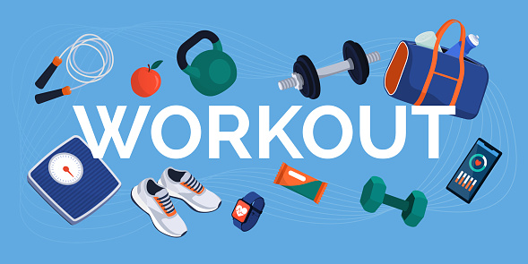 Word workout surrounded by training equipment, healthy food and devices: fitness and sport concept