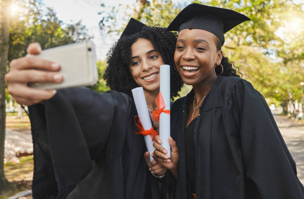istock Graduation diploma, nature or happy friends selfie for learning success, education development or graduate photo. College progress, park photography or students post profile picture to social network 1756317202