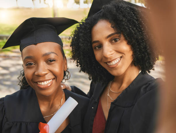 istock Graduation, portrait or happy friends selfie for learning success, education development or graduate photo. College women, park photography and face of students smile for school progress achievement 1756317207