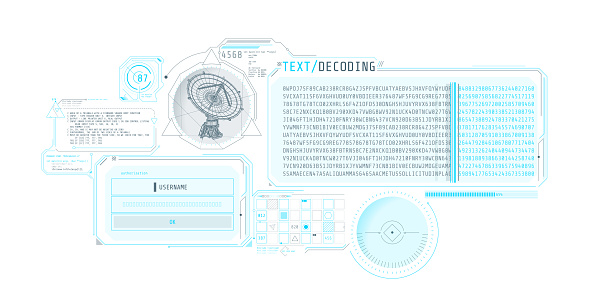 Radio telescope data decoding program interface with authorization window. Vector illustration.