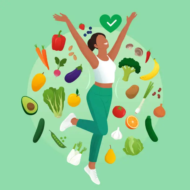 Vector illustration of Happy woman with healthy vegetables and fruits
