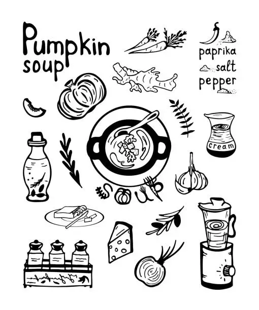 Vector illustration of Doodle Pumpkin soup recipe with lettering. Vector illustration. Pumpkin, cream, olive oil, garlic.