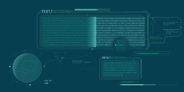 Data decryption HUD interface design with text decoding window. Vector illustration.