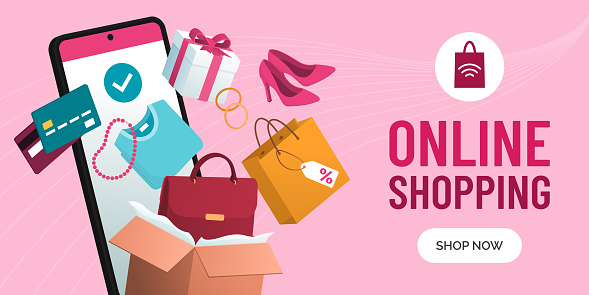 Online shopping app on smartphone and shopping items promotion banner with copy space