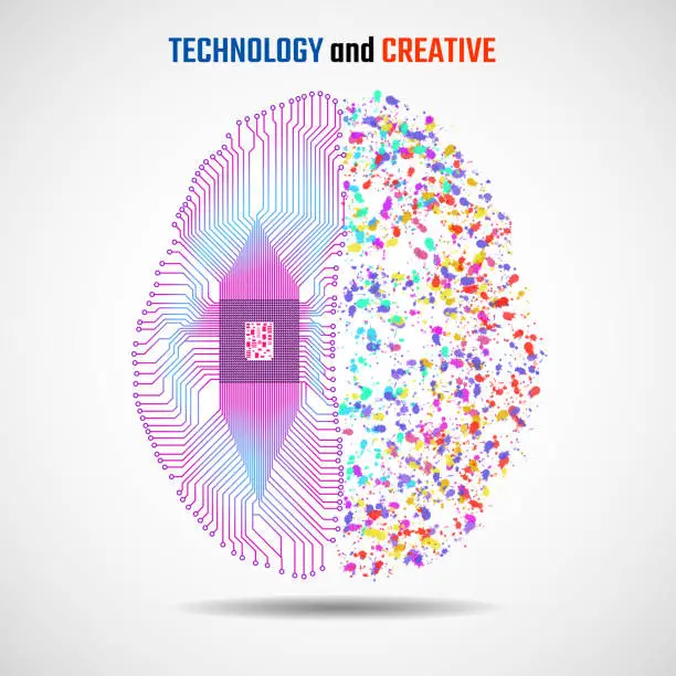 Vector illustration of Left and right human brain cerebral hemispheres with cpu, circuit board and colorful ink splashes, grunge splatters