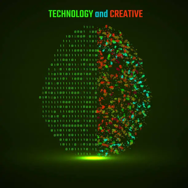 Vector illustration of Left and right human brain cerebral hemispheres with binary code and colorful ink splashes