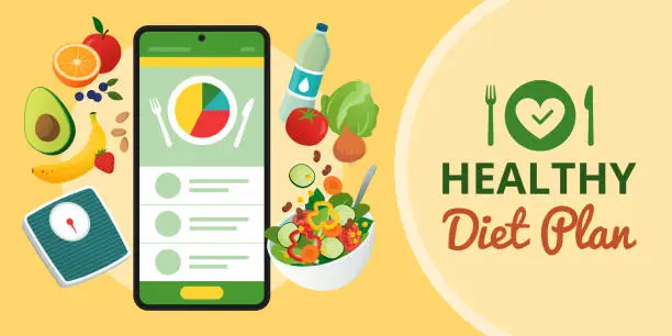 Vector illustration of Healthy diet plan app on smartphone