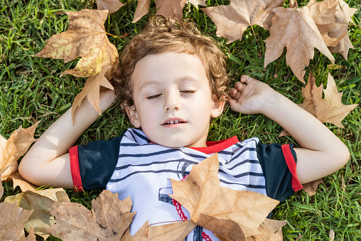 Autumn concept. Child lying on the grass with his eyes closed, surrounded by fallen autumn leaves.