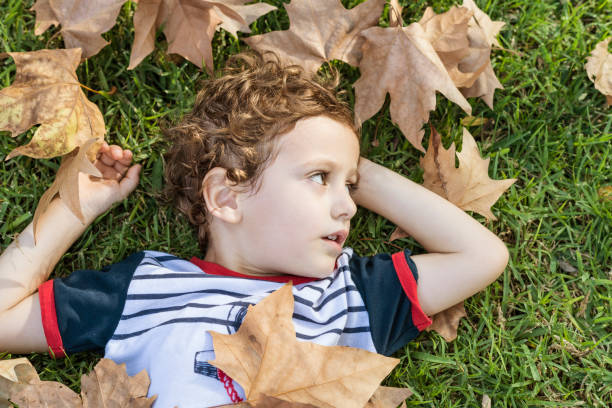 istock Child lying on the grass surrounded by fallen autumn leaves. 1756330897