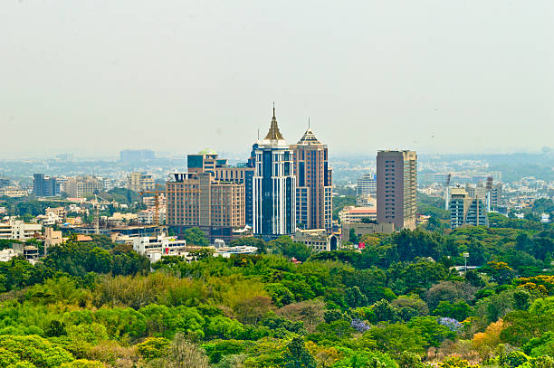 bangalore o bengalurucity scape verde con árboles en primer plano - bangalore fotografías e imágenes de stock