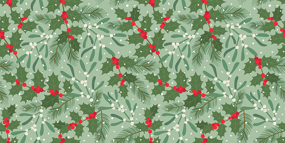 Seamless pattern with holly berries and mistletoe, spruce branches.