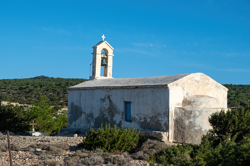 Profitis Ilias Old Orthodox Church, Greece, enjoy Gavdos island, religious destination Crete, summer sunny day.