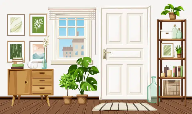 Vector illustration of Entrance hall interior design with a white door, a window, a shelving, and houseplants. Cartoon vector illustration