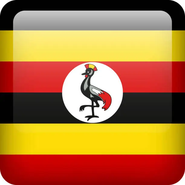 Vector illustration of 3d vector Uganda flag glossy button. Uganda national emblem. Square icon with flag of Uganda