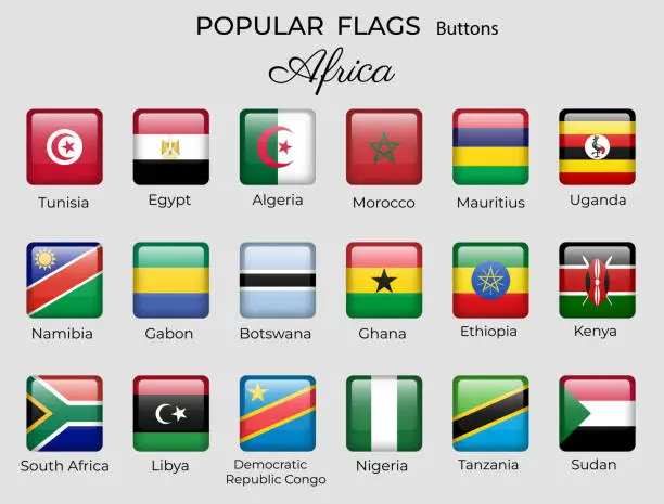 Vector illustration of Buttons flags of African countries. Africa flag icon set. 3d square design. Nigeria Uganda Egypt Kenya Vector isolated