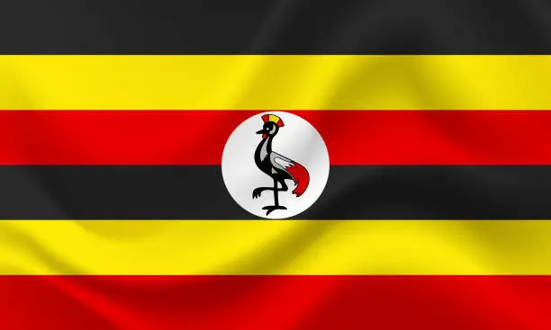 Vector illustration of Vector Uganda flag. Waved Flag of Uganda. Ugandan emblem, icon.