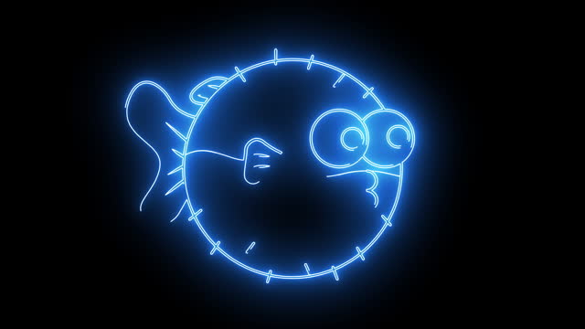 The animation forms a puffer fish icon with a neon saber effect