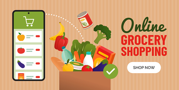 Online grocery shopping app on smartphone and groceries delivered at home in a box, banner with copy space