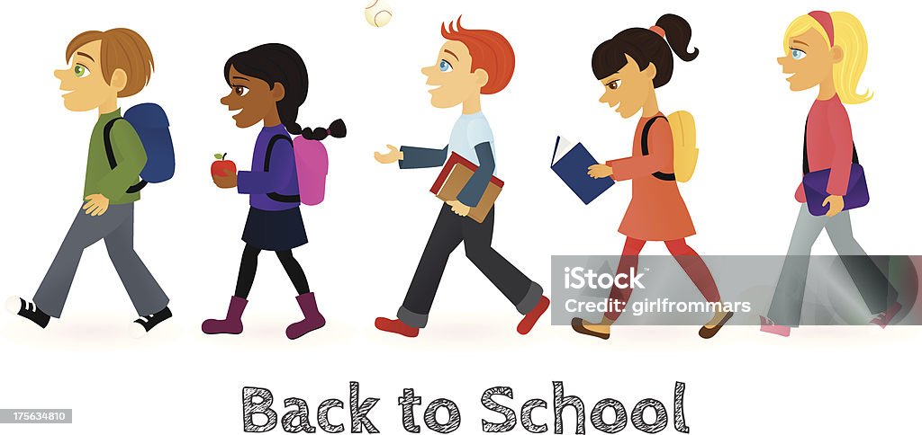 Back to School A vector illustration of a group of kids headed back to school. Each kid is grouped together on a separate layer. Text is also on a separate layer, making it easy to remove if desired. Linear and radial gradients used. No meshes. Carrying stock vector