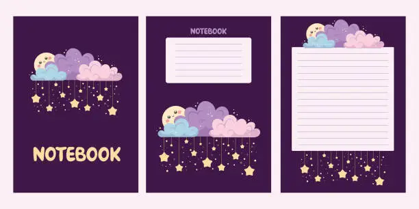 Vector illustration of Cute cartoon moon behind clouds with lots of stars. Vector image of templates for notebooks with lines for inscriptions. A4 format