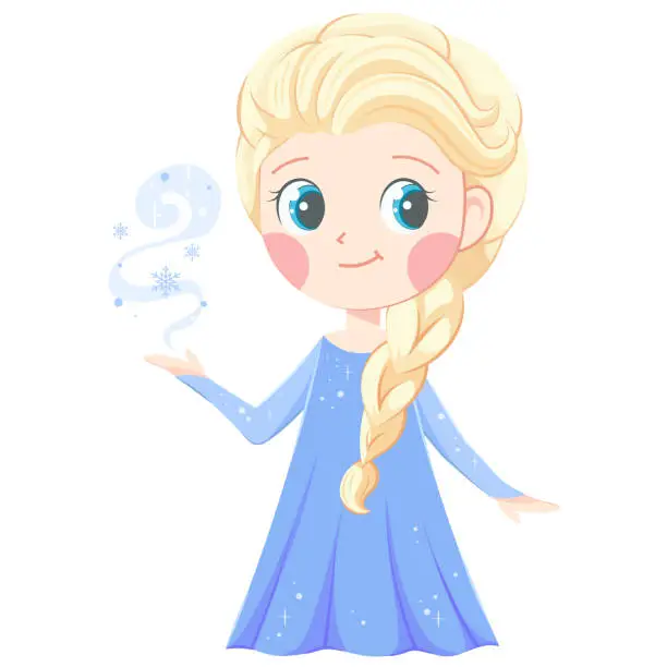 Vector illustration of Cute frozen queen with blonde hair and blue dress holds snowflakes. Vector illustration for children, children's winter goods and holidays