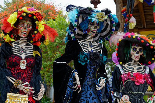 During the annual Mexican celebration, Day of the Dead (Día de los Muertos or Día de Muertos) in San Diego’s Old Town is the hub of activity where family and friends celebrate the holiday. Day of the Dead is essential to Mexican history and culture, a time to honor and remember those no longer living. Throughout Old Town in San Diego, there are tributes to the departed in the form of altars (ofrendas), mariachi music, Folklorico dancers, live entertainment, theme face painting, art demonstrations, a candlelit procession through Old Town to the nearby historic El Campo Santo Cemetery, and of course, the larger than life Las Catrinas seen throughout Old Town.