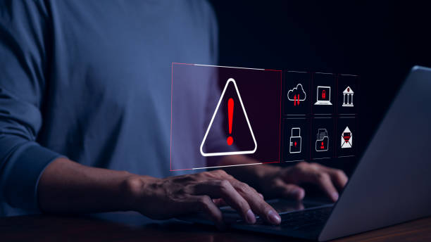 cyber security warning alert system concept. businessman working on laptop. computer network hack, crime and virus, malicious software, compromised information, illegal connection, data vulnerability, - dataintrång bildbanksfoton och bilder