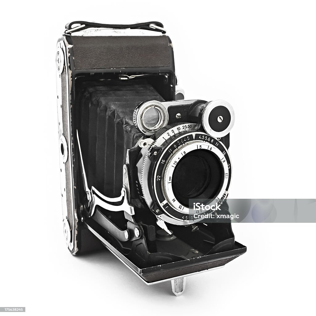 Old film Photo camera Vintage photographic film camera. Medium format 6x6 cm Antique Stock Photo