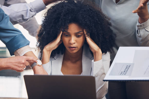 istock Crisis, stress and black woman with headache from multitasking, workload and team pressure in office. Burnout, fail and corporate manager with anxiety, mistake and deadline, problem or online glitch 1756383424