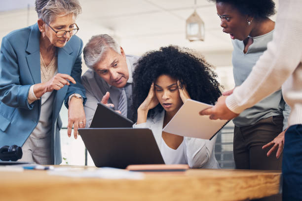 istock Chaos, stress and black woman with headache from multitasking, workload and team pressure in office. Burnout, fail and corporate manager with anxiety, mistake and deadline, problem or online glitch 1756385046