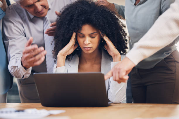 istock Stress, chaos and black woman with headache from multitasking, workload and team pressure in office. Burnout, fail and corporate manager with anxiety, mistake and deadline, problem or online glitch 1756386103