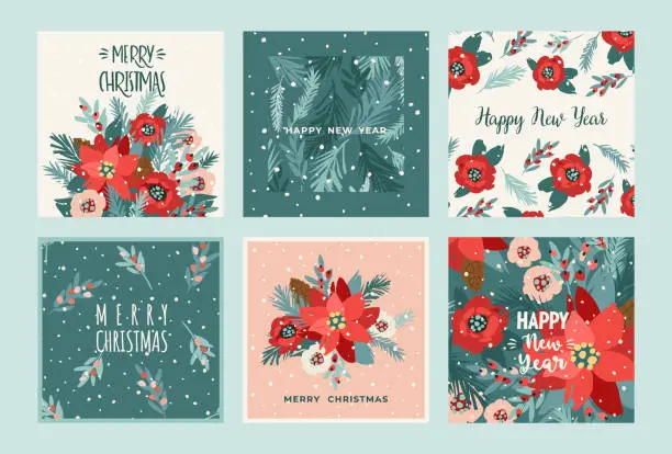 Vector illustration of Christmas and Happy New Year cards with flowers, christmas tree, branches, leaves, berries, snowflakes. Trendy retro style. Vector design