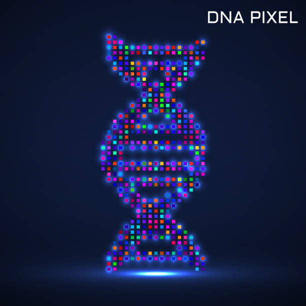 illustrazioni stock, clip art, cartoni animati e icone di tendenza di dna al neon pixelato astratto, logo incandescente di scienza - ideas biotechnology construction business