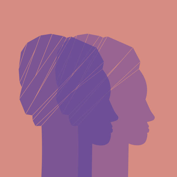 ilustrações, clipart, desenhos animados e ícones de retrato de mulheres afro-americanas silhueta em perfil usando turbante desenhado à mão ilustração vetorial. mulheres negras se unem conceito de movimento de igualdade de empoderamento, feminismo, contra o racismo - hijab profile teenager islam