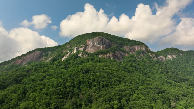 Aerial landscape of Chimney Rock in North Carolina Blue Ridge Mountains, USA. Popular American travel destination in Appalachians
