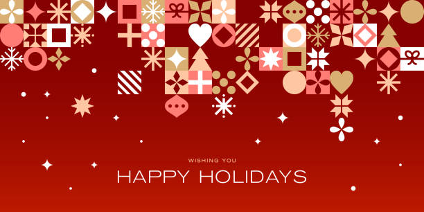 Red Geometric Holiday Christmas Greeting Card Design - ilustração de arte vetorial