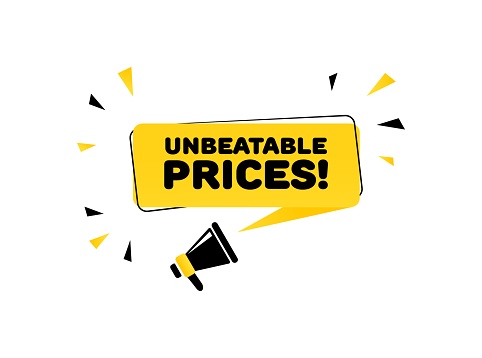 Unbeatable prices sign. Flat, yellow, text from a megaphone, unbeatable prices sign. Vector icon