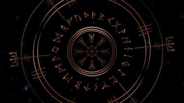 Video Viking Pagan Asatru Runic Compass, Vegvisir Rune Circle Viking in motion. Norse Mythology Golden Protective talisman. Magical Navigator footage on the galaxy space