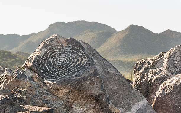 Spiral Petroglyph Spiral Petroglyph from Saguaro National Park medicine wheel stock pictures, royalty-free photos & images