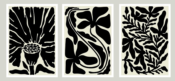 Flower Market poster, print Set. Trendy abstract botanical wall arts with floral design in earth tone colors. Modern naive groovy funky interior decorations, paintings. Vector art illustration.