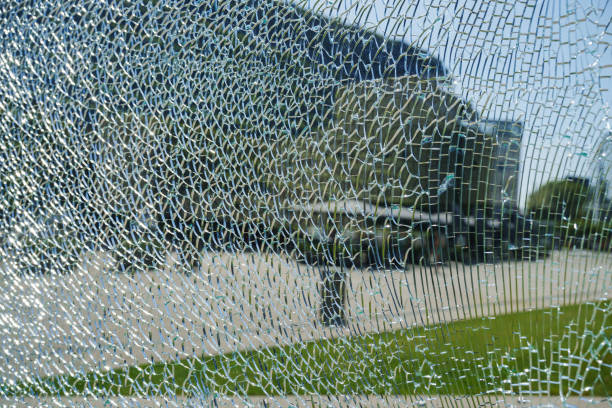 cityscape seen through broken Tempered Safety glass