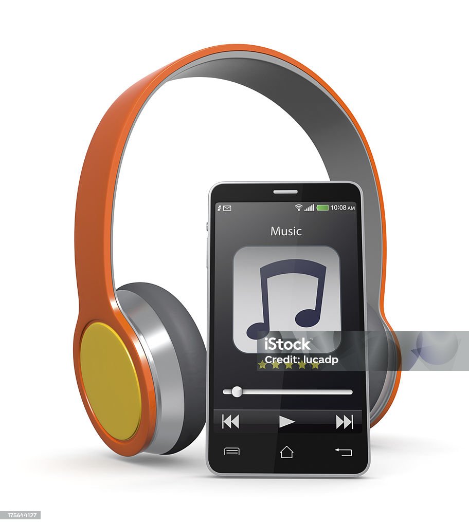 mobile music one smartphone with a music player application and colorful headphones (3d render) Black Color Stock Photo