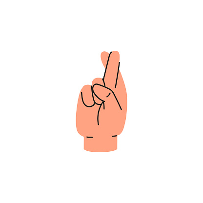 Hand with crossed fingers, vector illustration isolated on white. Letter R in American sign language. Drawing in simple flat cartoon style. Icon, sign for assistive design. Good luck symbol.